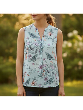 C & E Top, Size L, Ivory with Floral Pattern of Coral, Sage, Mauve, & Periwinkle